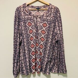 Lucky Brand Geometric floral long sleeve peasant blouse top size 2xl